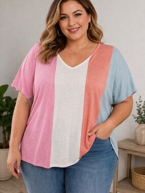 Emerald NWT Striped Colorblock Top Shirt V-neck Pastel Short Sleeve Tee 3X